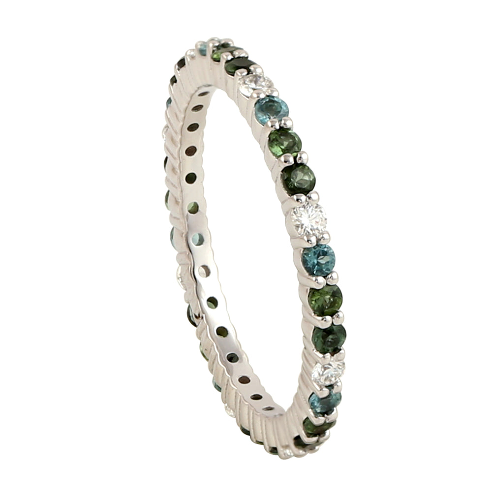 Prong Set Tourmaline & Pave Diamond Sleek Band Ring Jewelry In 18k White Gold