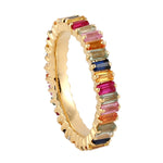 Natural Multicolor Baguette Sapphire & Diamond Band Ring 18k Yellow Gold Dainty Jewelry