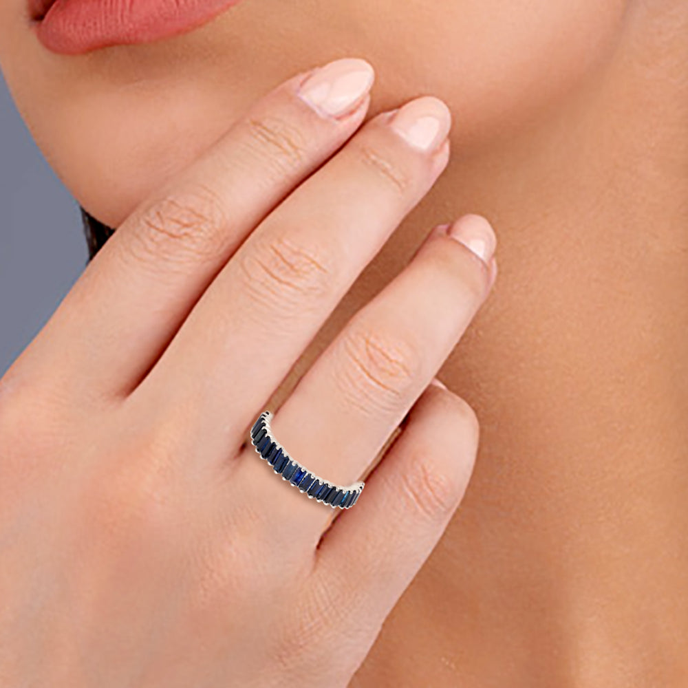 Baguette Blue Sapphire Gemstone Full Eternity Ring Jewelry In 18k White Gold Fine Accessory