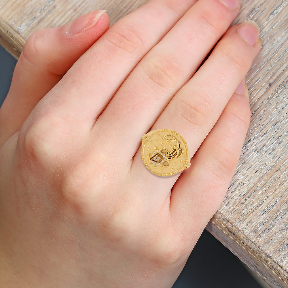 Handcarved Flower Pot Cocktail Ring With Studded Diamond Jewelry In 14k Yellow Gold