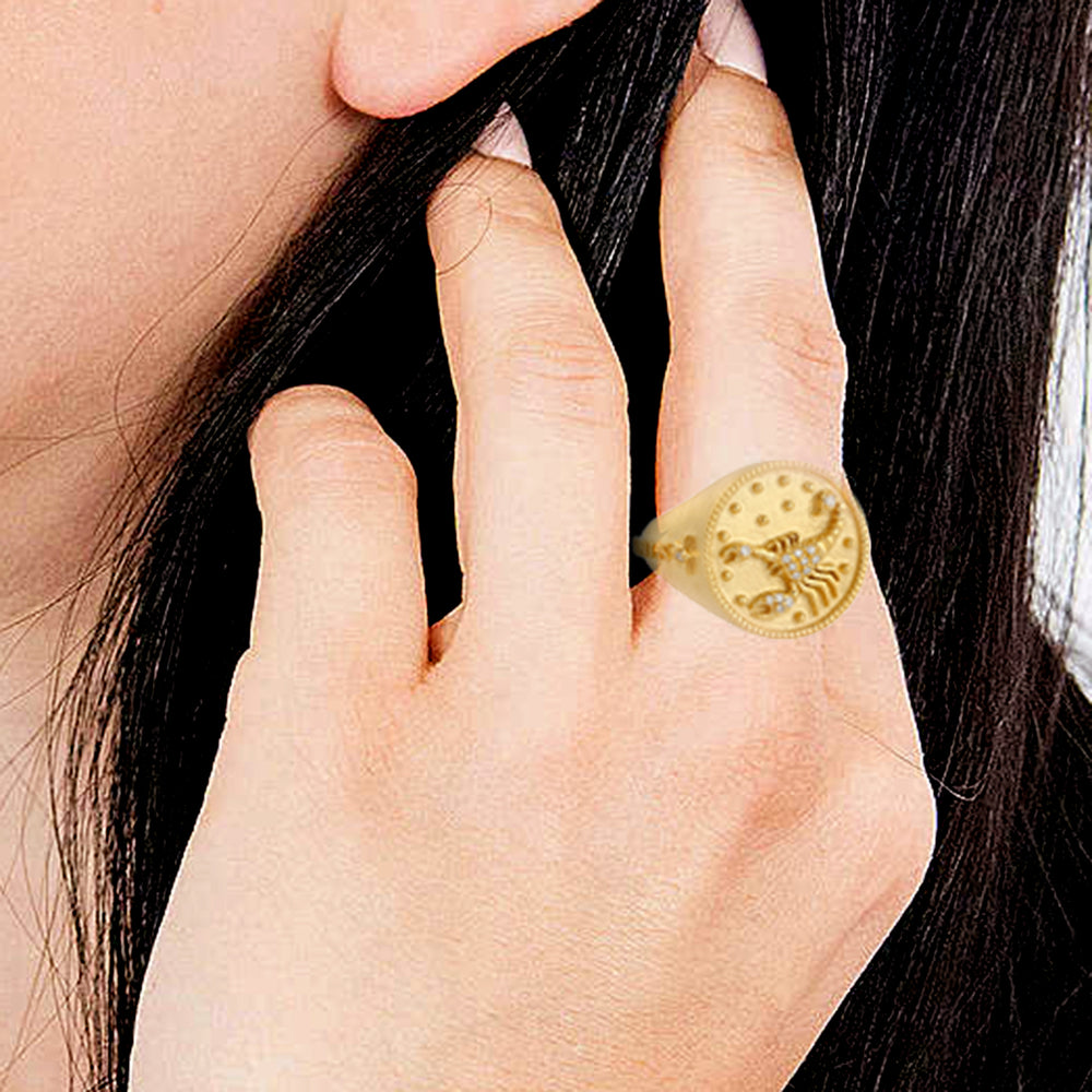 Handcarved 14k Yellow Gold Scorpio Zodiac Charm Cocktail Ring With Studded Natural Diamond