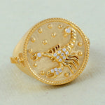 Handcarved 14k Yellow Gold Scorpio Zodiac Charm Cocktail Ring With Studded Natural Diamond