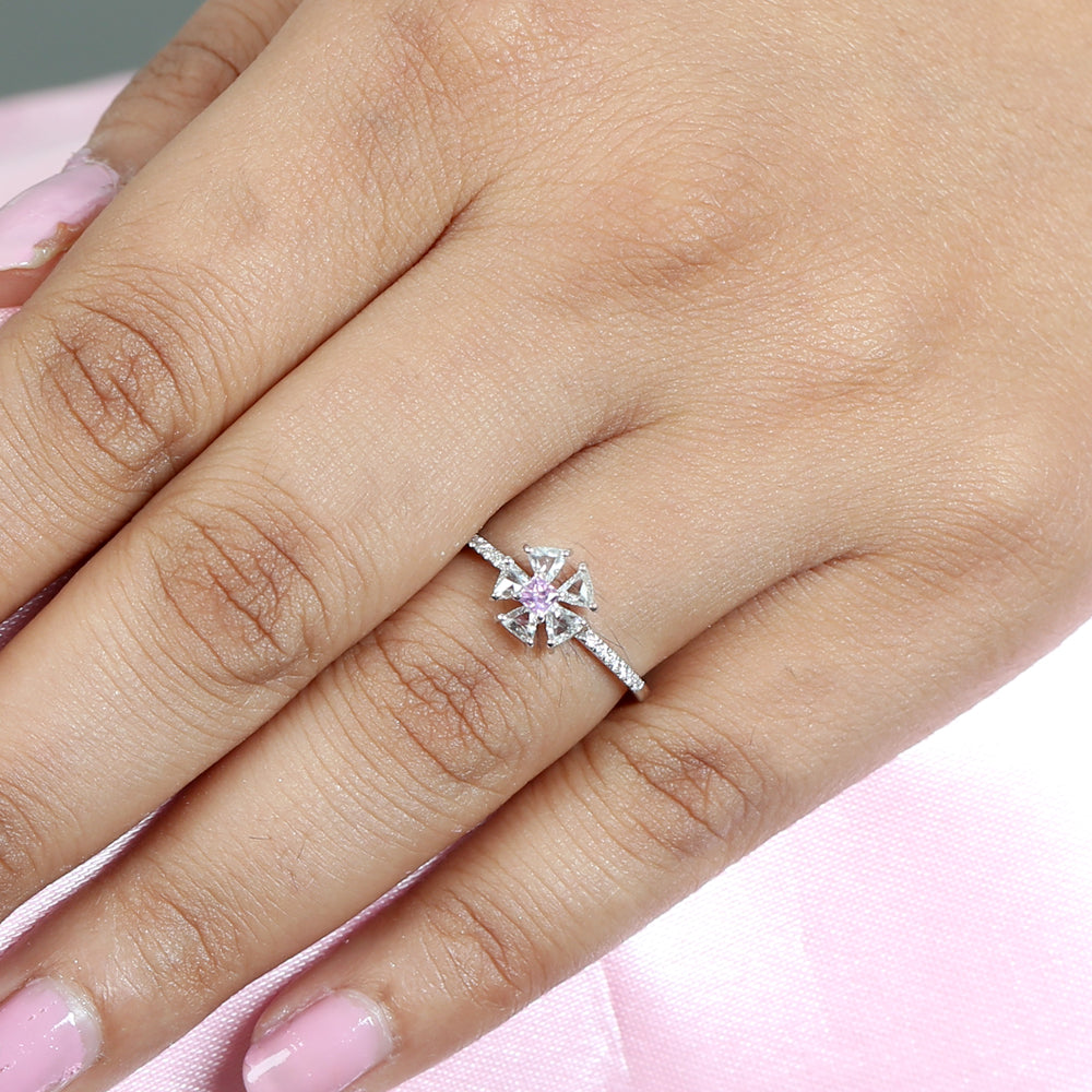 Natural Pink Sapphire Tapered Baguette Floral Ring In 18k White Gold