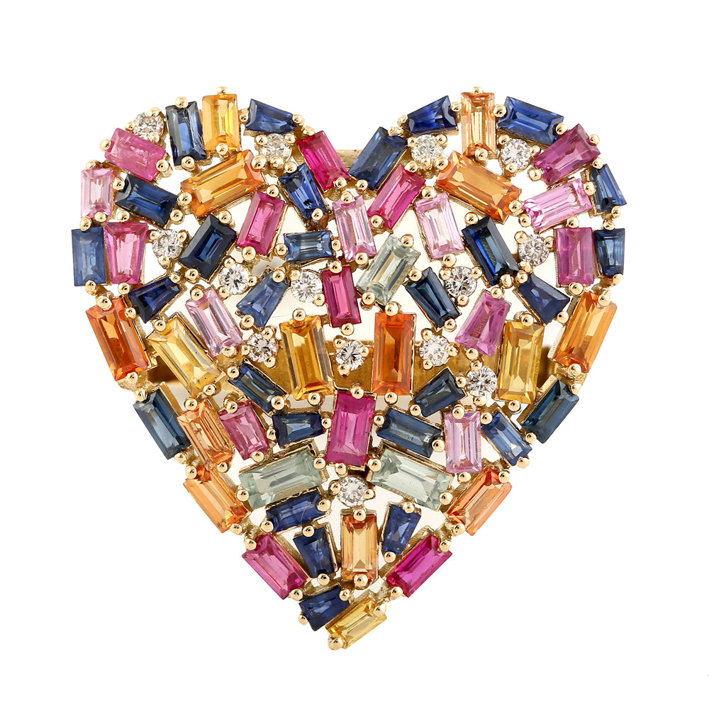 Multicolor Sapphire Diamond Cluster Heart Ring In 18k Yellow Gold