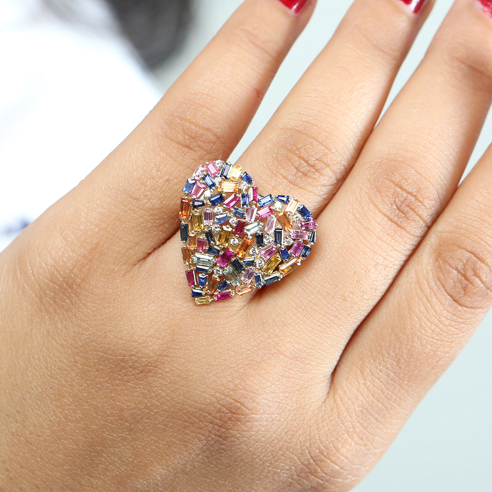 Multicolor Sapphire Diamond Cluster Heart Ring In 18k Yellow Gold