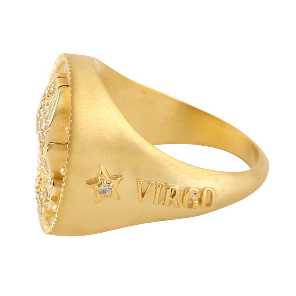 14k Yellow Gold Pave Diamond Virgo Zodiac Dome Ring For Gift