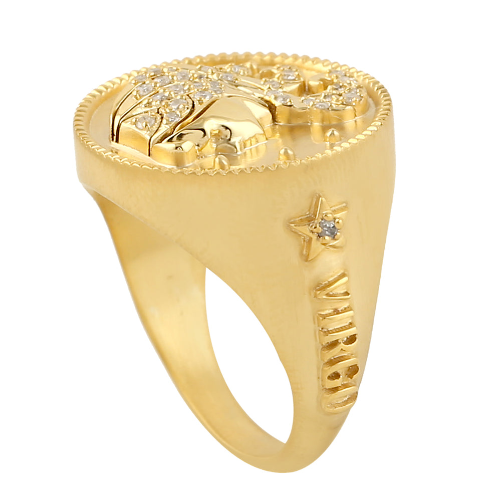 14k Yellow Gold Pave Diamond Virgo Zodiac Dome Ring For Gift