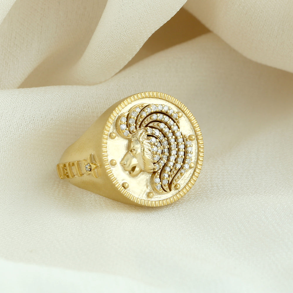 leo zodiac sign signet ring for men and women diamond pave gold 14k