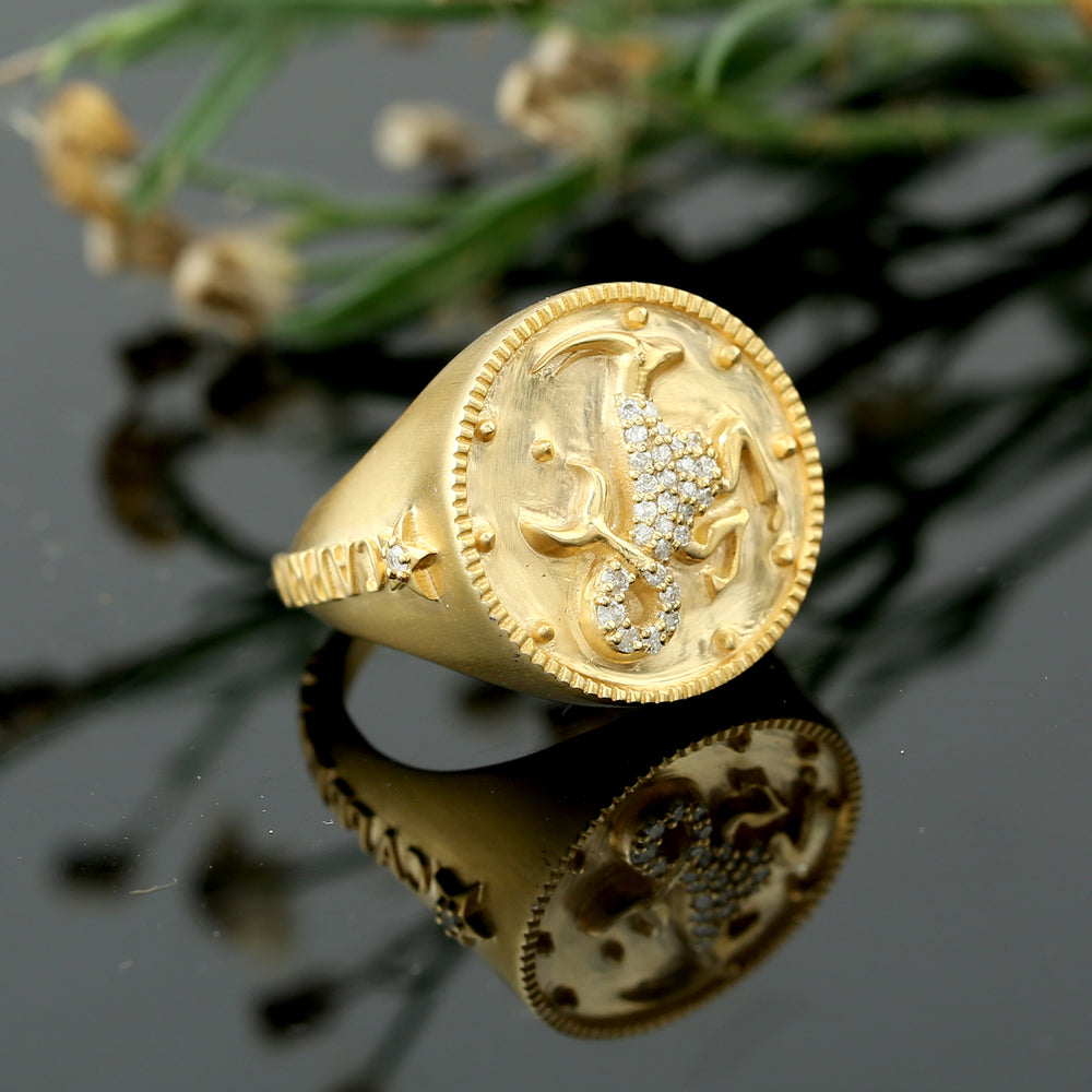 Natural Diamond Capricon Zodiac Signet Ring In 14k Gold