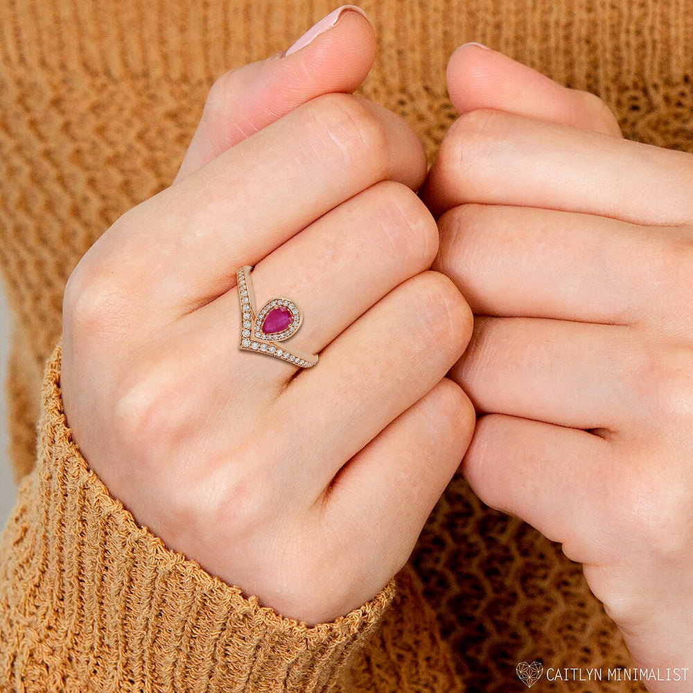 Pear Cut Ruby Pave Diamond Accent Tiara Ring In Rose Gold