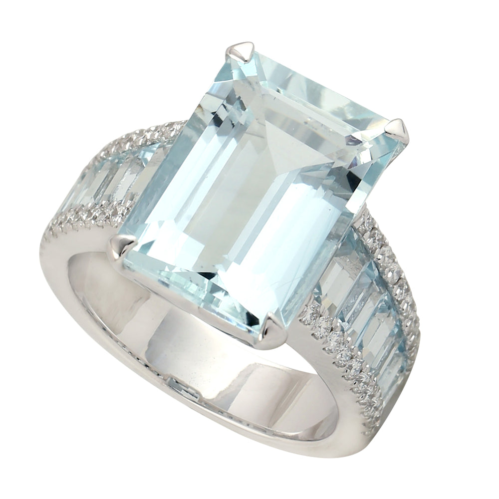 Emerald Cut Aquamarine Diamond Cocktail Ring In 18k White Gold