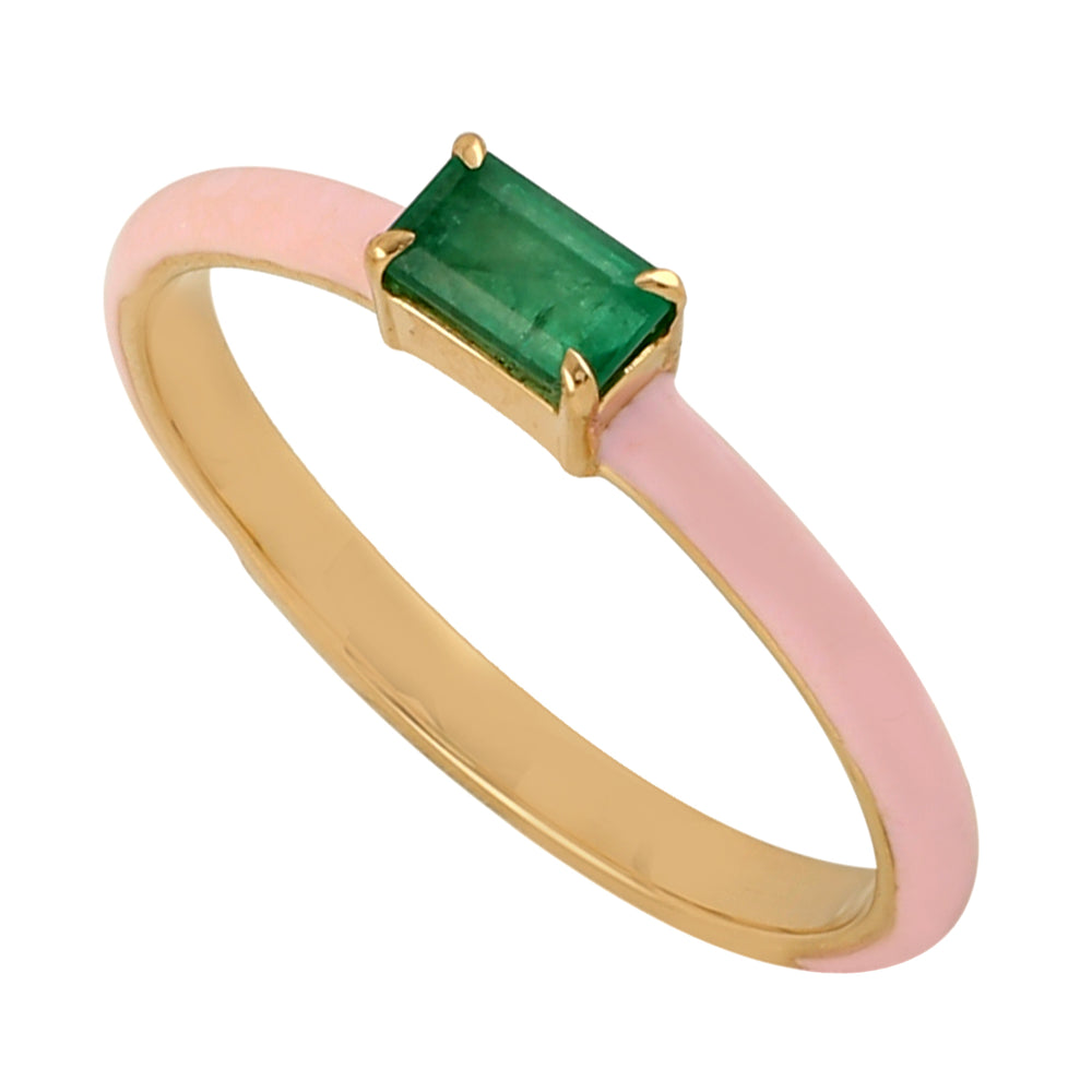 Baguette Emerald May Birthstone In Yellow Gold Pink Enamel Delicate Band Ring