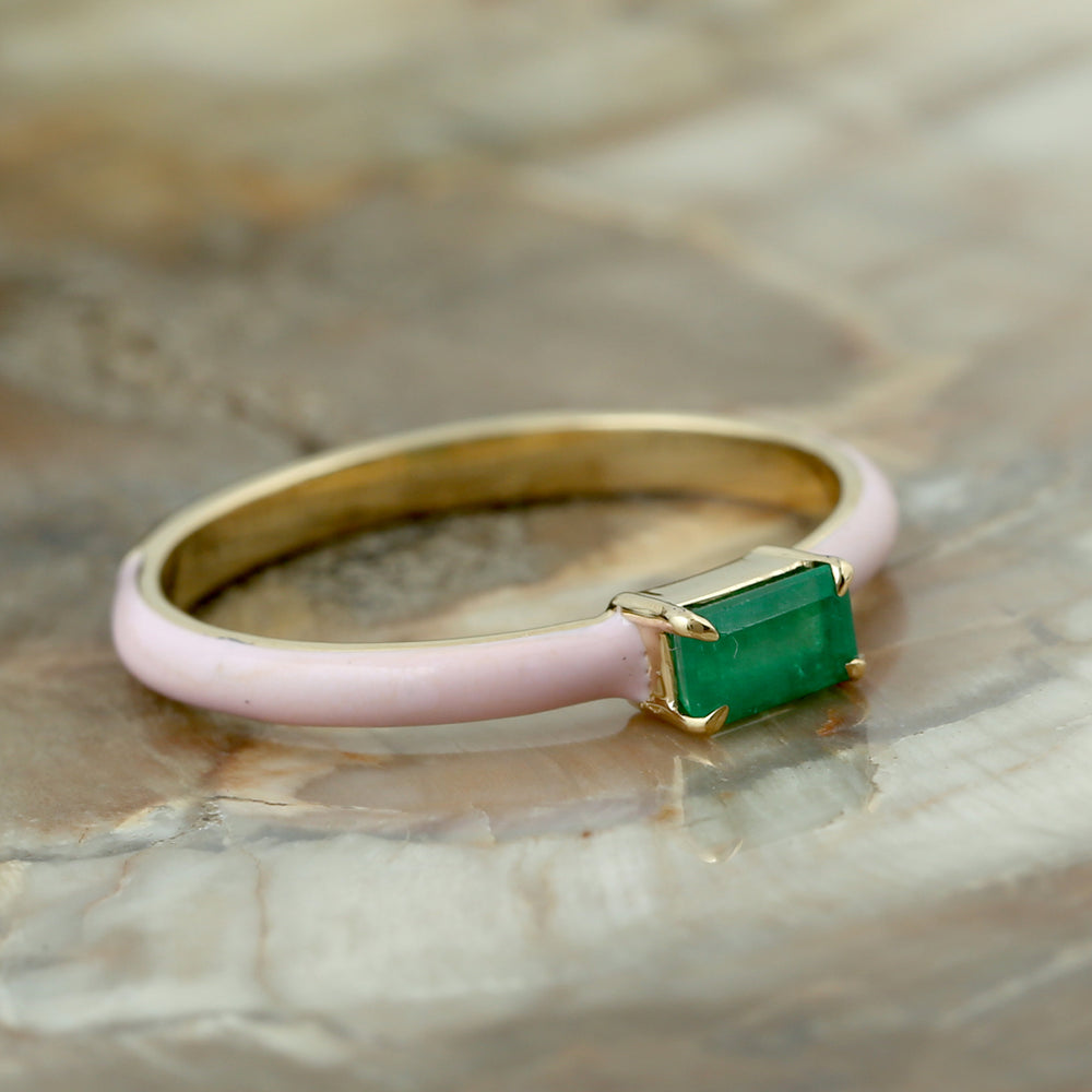 Baguette Emerald May Birthstone In Yellow Gold Pink Enamel Delicate Band Ring