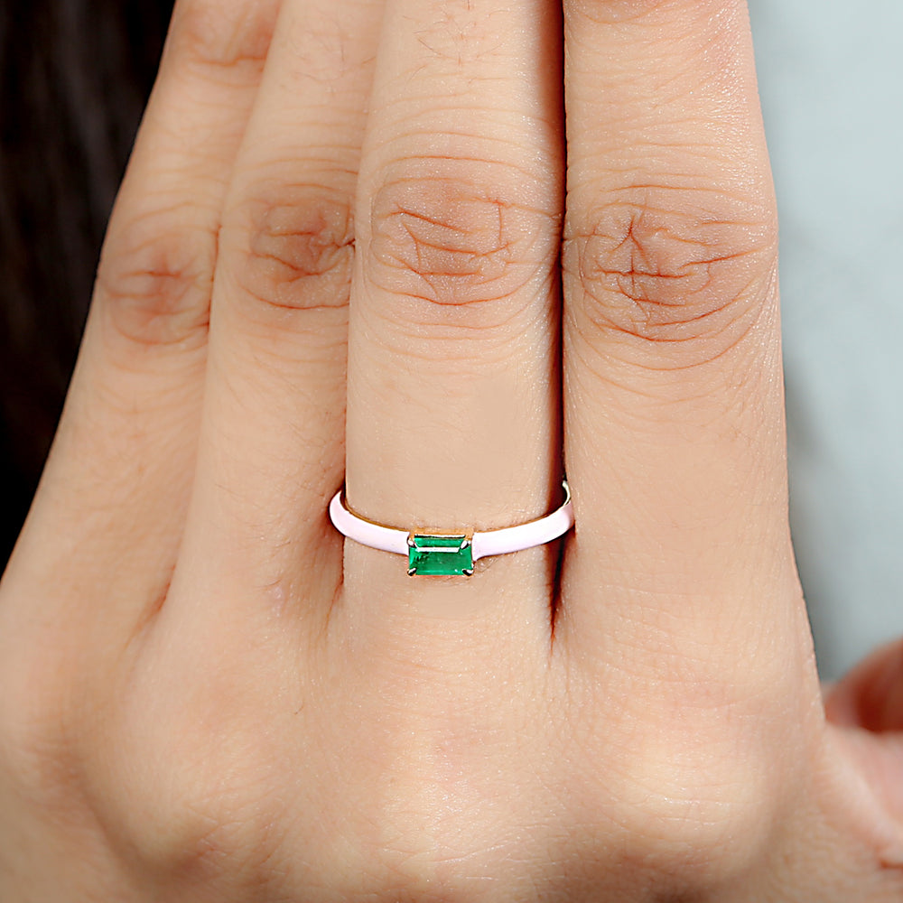 Baguette Emerald May Birthstone In Yellow Gold Pink Enamel Delicate Band Ring