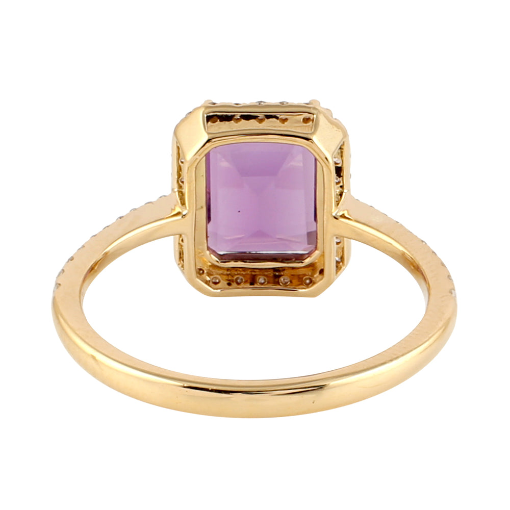 Beautiful Emerald Cut Amethyst Diamond Cocktail Ring In 18k Yellow Gold