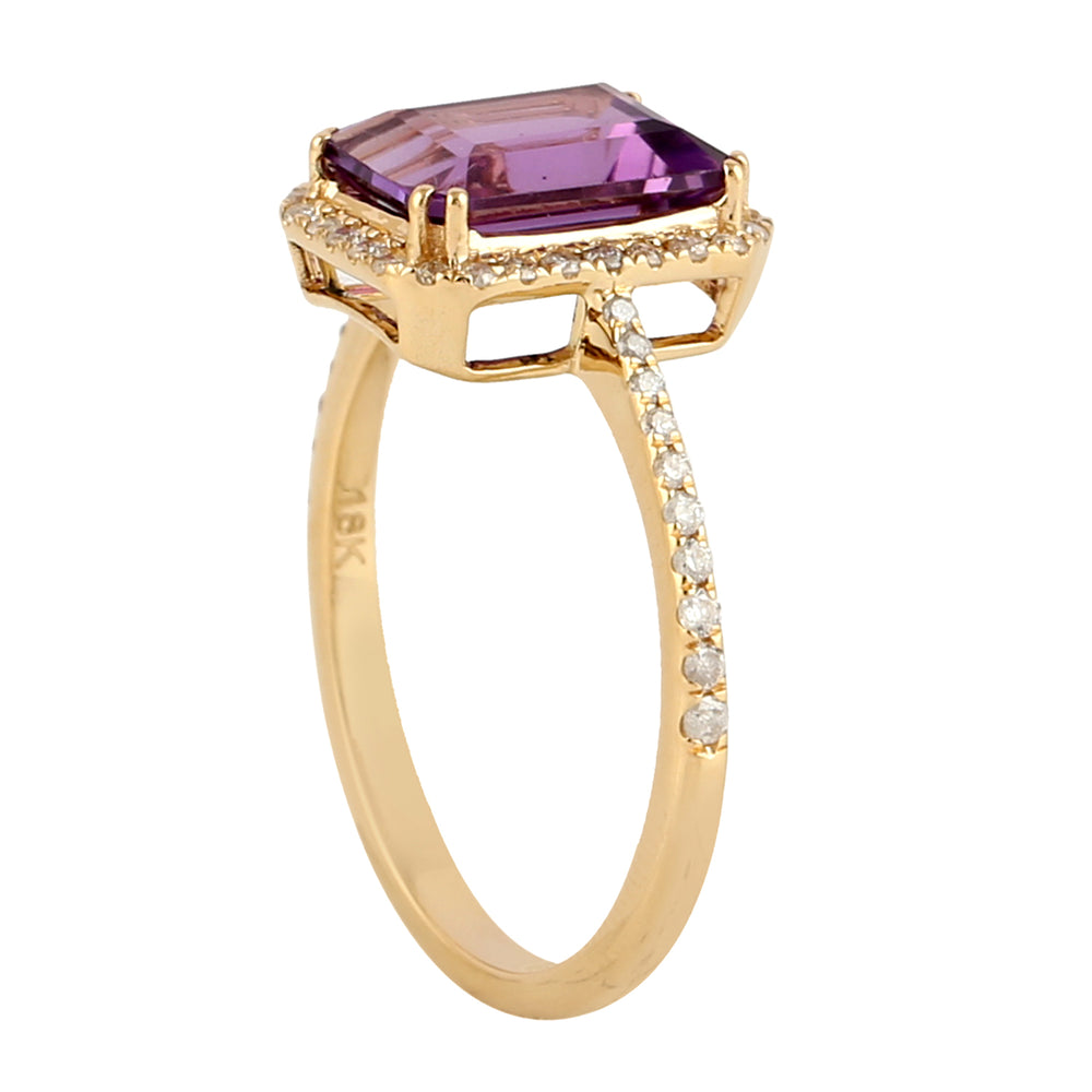 Beautiful Emerald Cut Amethyst Diamond Cocktail Ring In 18k Yellow Gold