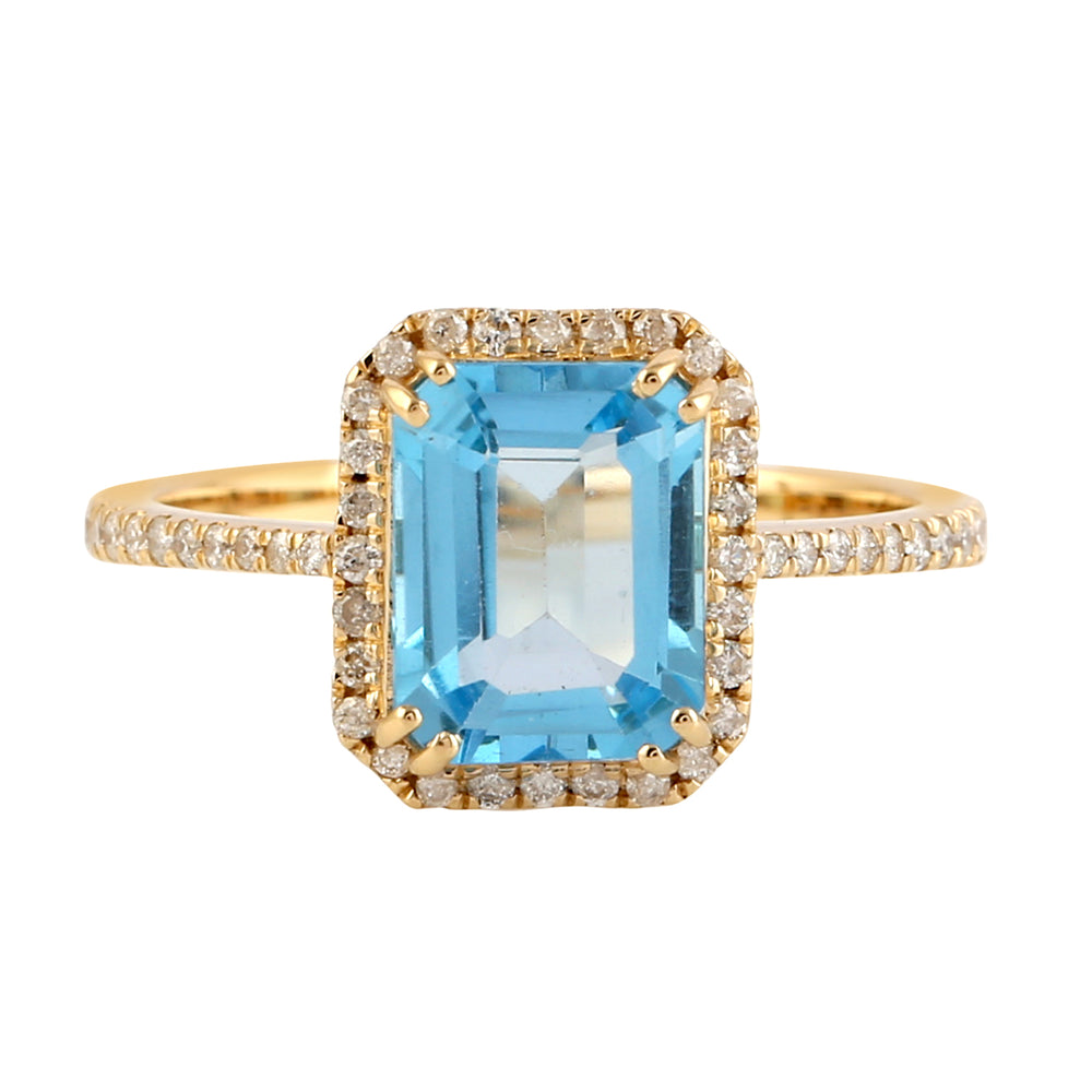 Beautiful Emerald Cut Blue Topaz Diamond Cocktail Ring In 18k Yellow Gold