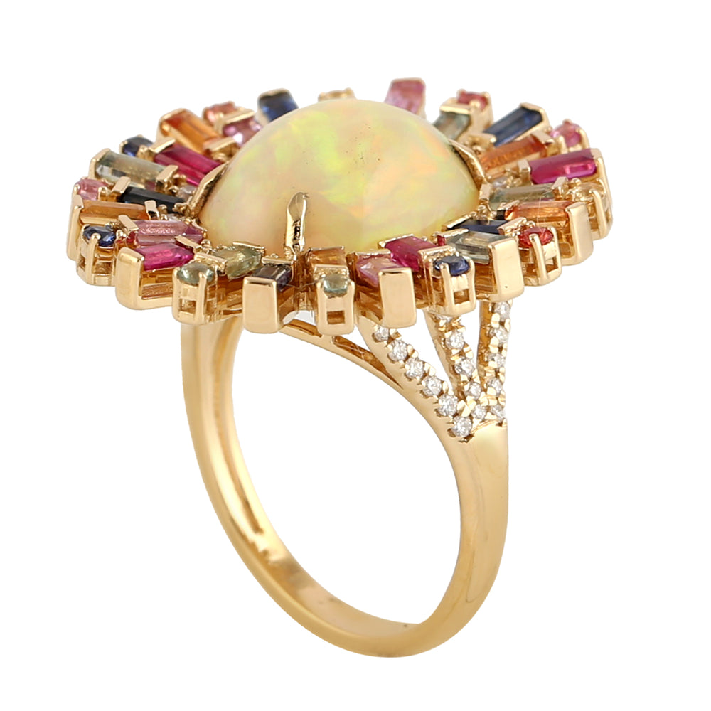 Baguette Sapphire Diamond Opal Ethopian 18k Yellow Gold Cocktail Ring