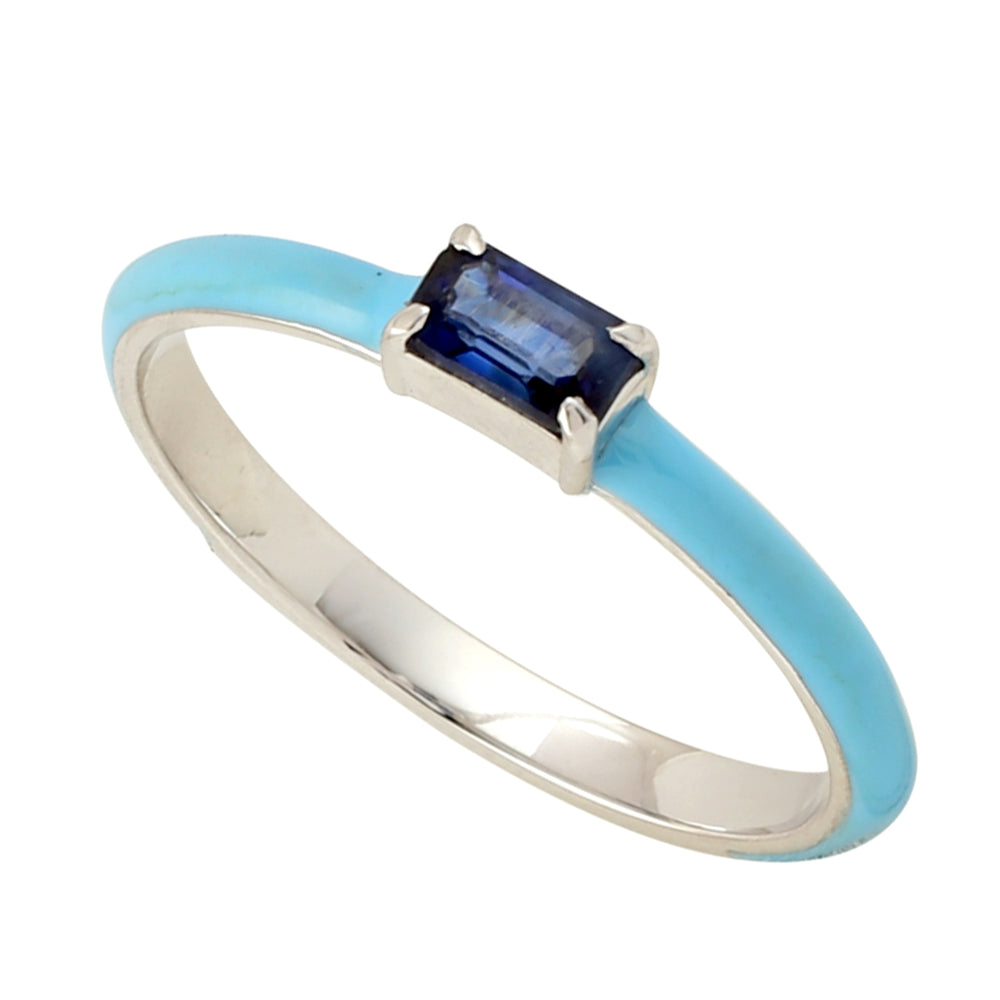 Baguette Sapphire Enamel Single Stone Band Ring In 14k Gold