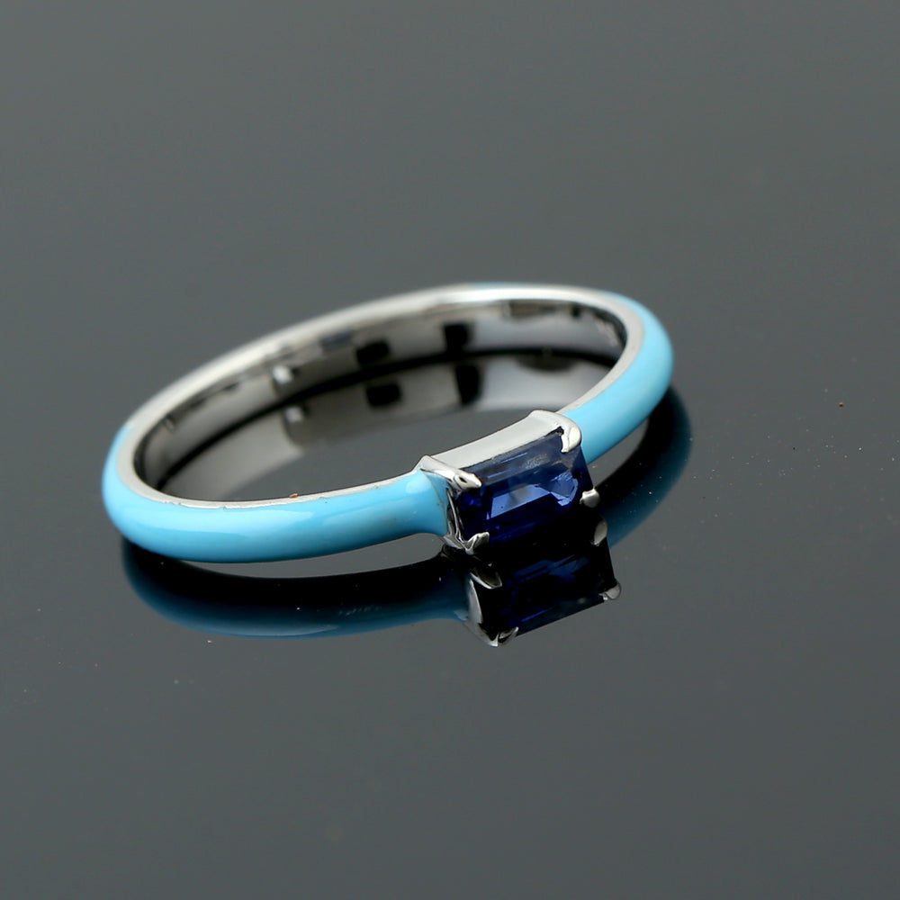 Baguette Sapphire Enamel Single Stone Band Ring In 14k Gold