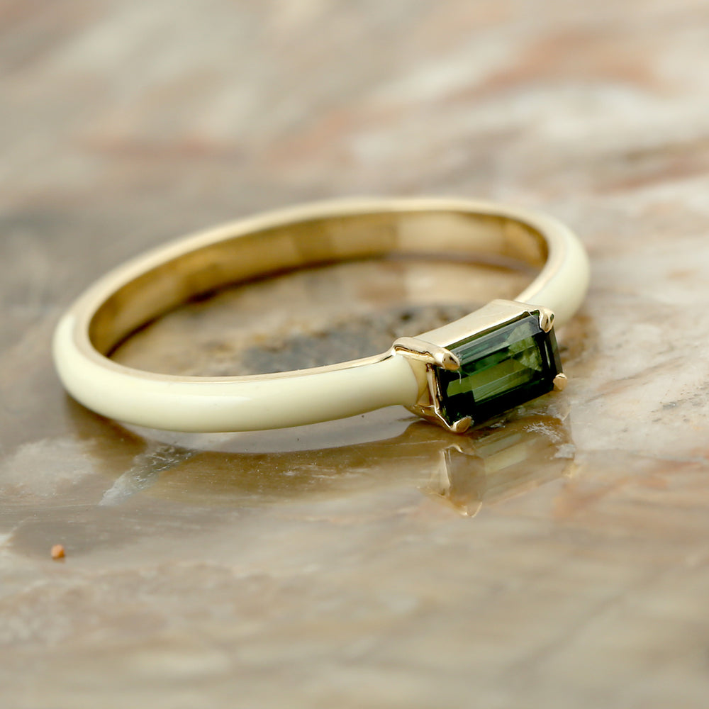 Baguette Tourmaline Enamel Single Stone Band Ring In 14k Gold