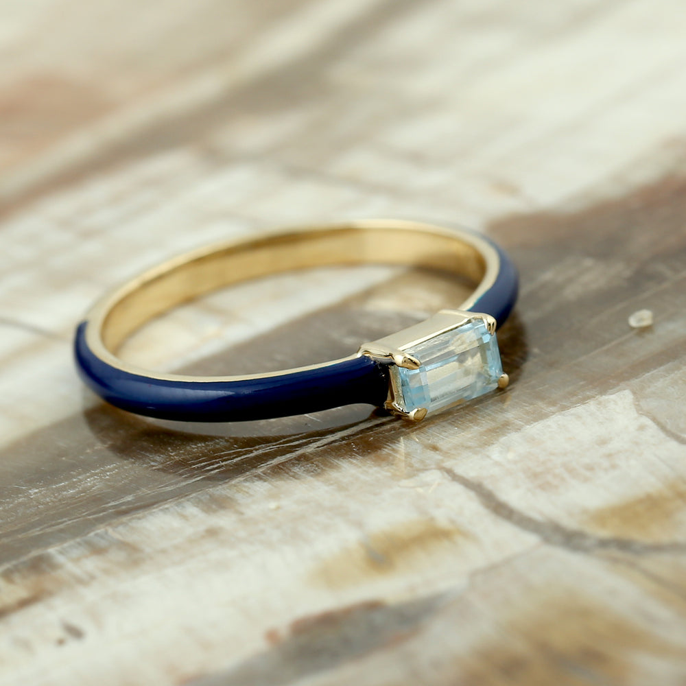 Baguette Topaz Enamel Band Ring In Solid 14k Gold