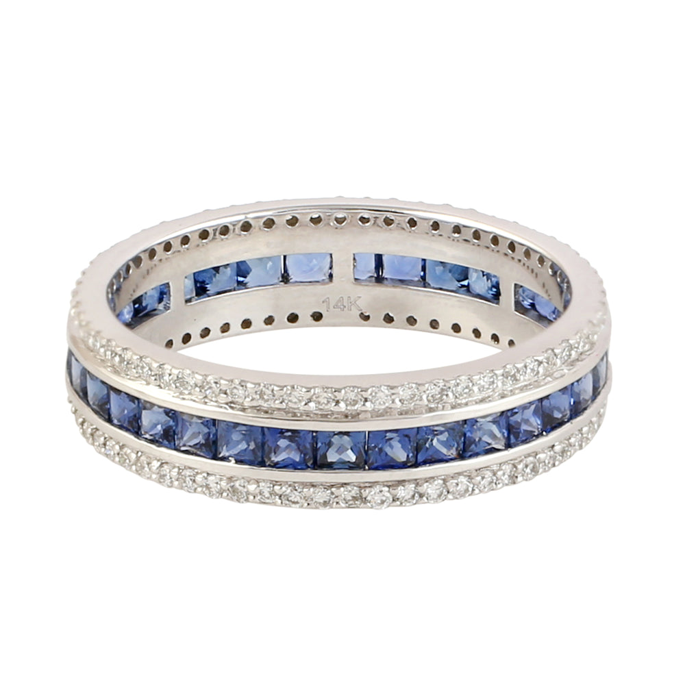 Channel Set Sapphire & Pave Diamond Band Ring In 14k White Gold For Him