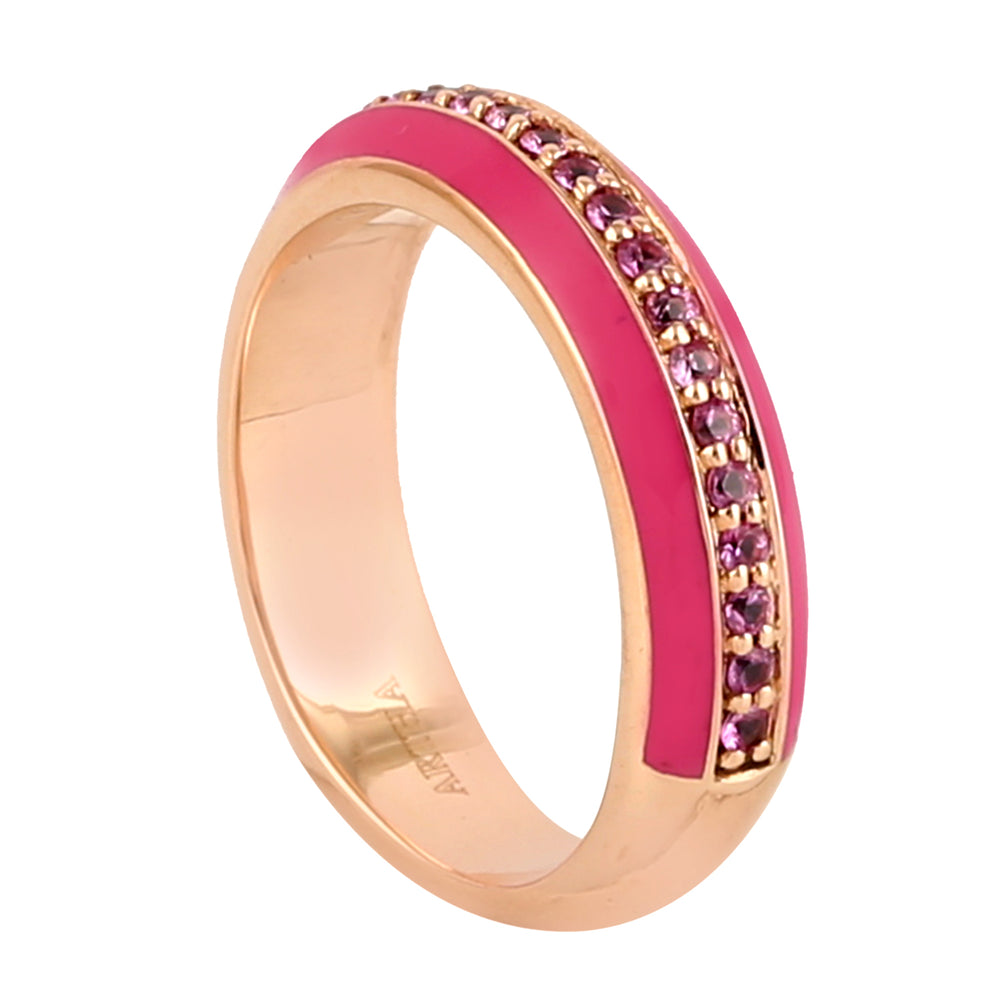 Natural Pink Sapphire Enamel Band Ring In 18k Gold