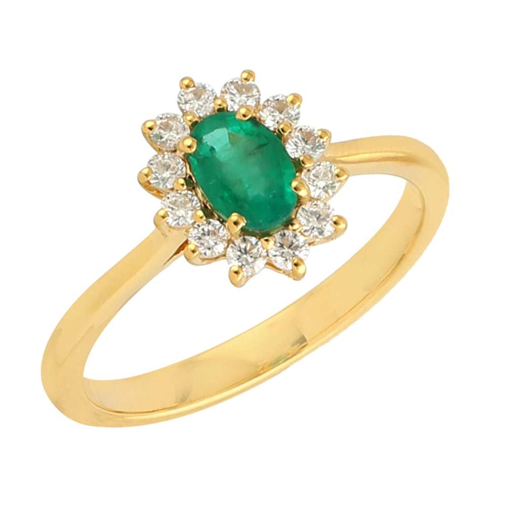 Solid 18k Yellow Gold Handmade Emerald & Diamond Ring For Her