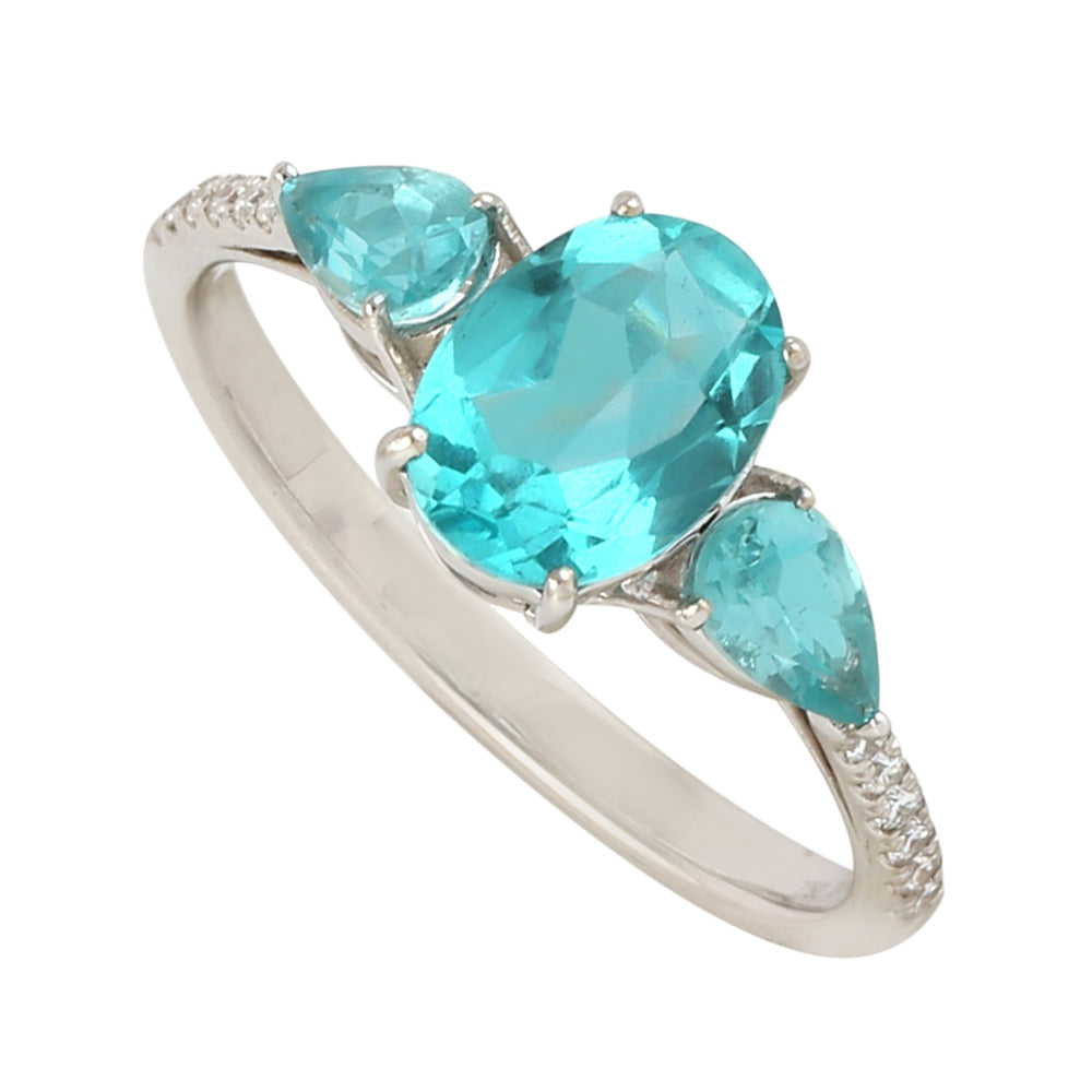 Apatite Diamond Three Stone Ring 18k White Gold