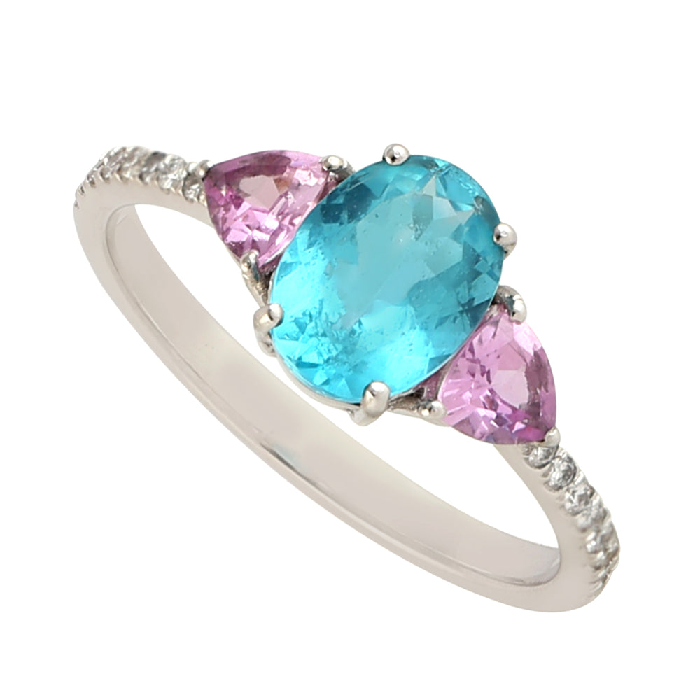 Oval Cut Apatite Pink Sapphire Three Stone Accent Diamond Ring In 18k White Gold