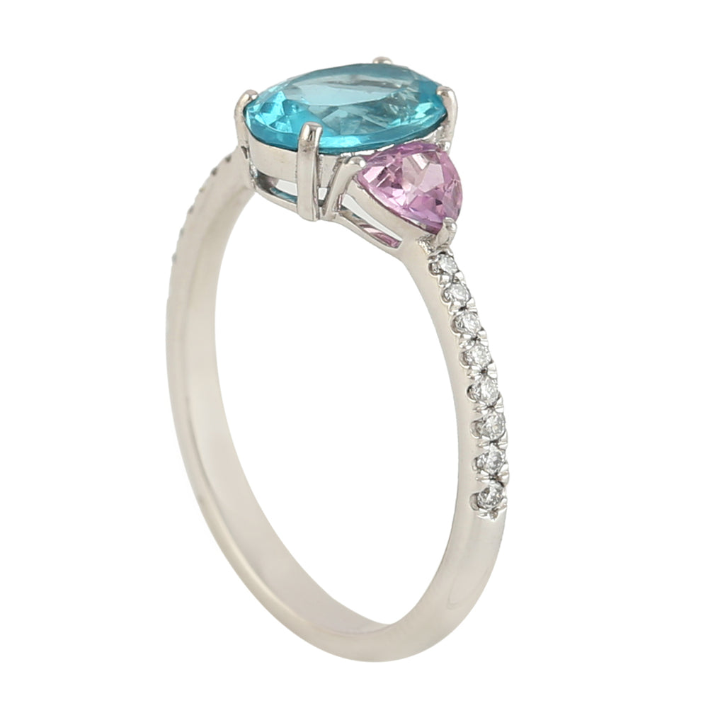 Oval Cut Apatite Pink Sapphire Three Stone Accent Diamond Ring In 18k White Gold