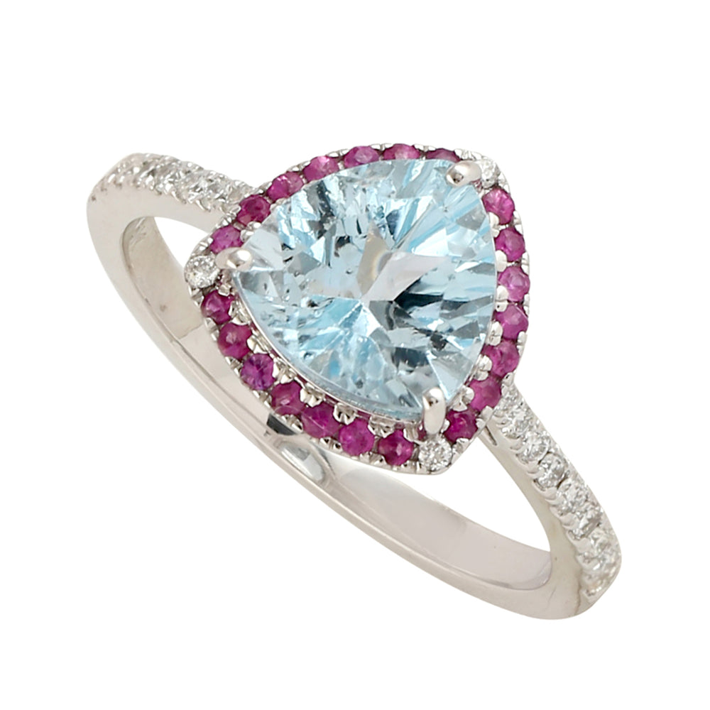 Trillion Cut Topaz Pink Sapphire Diamond Ring For Wedding In 18k White Gold