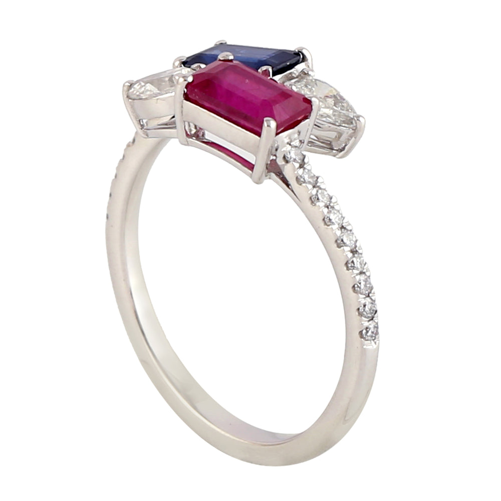 Baguette ruby & Sapphire Bypass Ring In 18k White Gold For Her