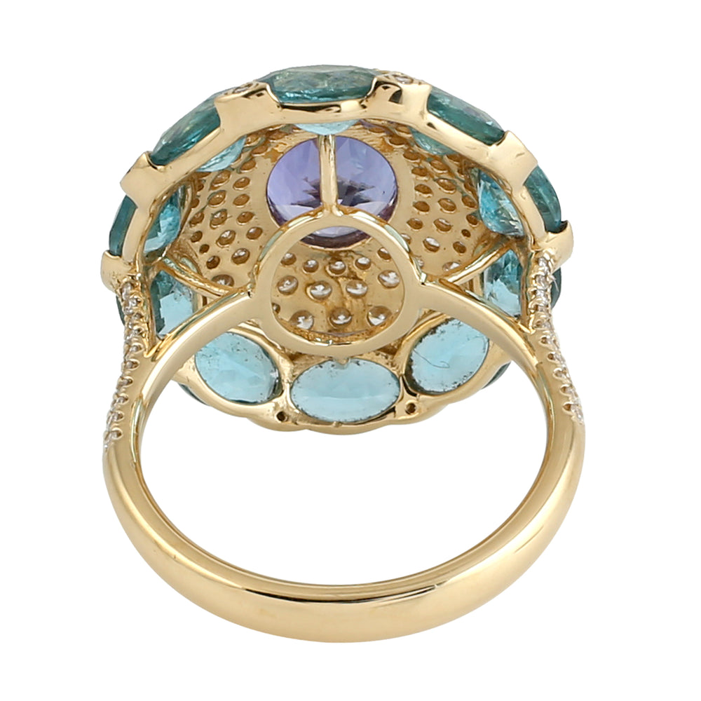 Natural Apatite Tanzanite Diamond Cocktail Ring In 18k Yellow Gold Gift