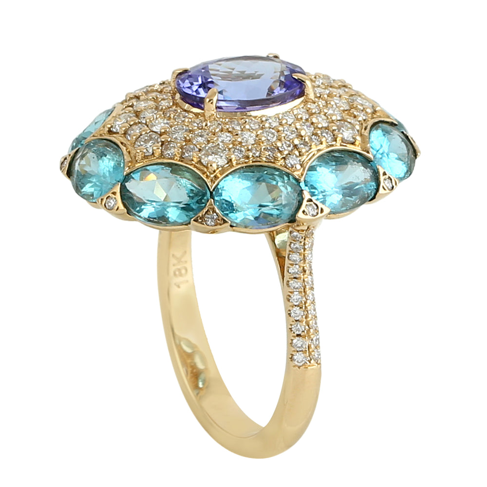 Natural Apatite Tanzanite Diamond Cocktail Ring In 18k Yellow Gold Gift