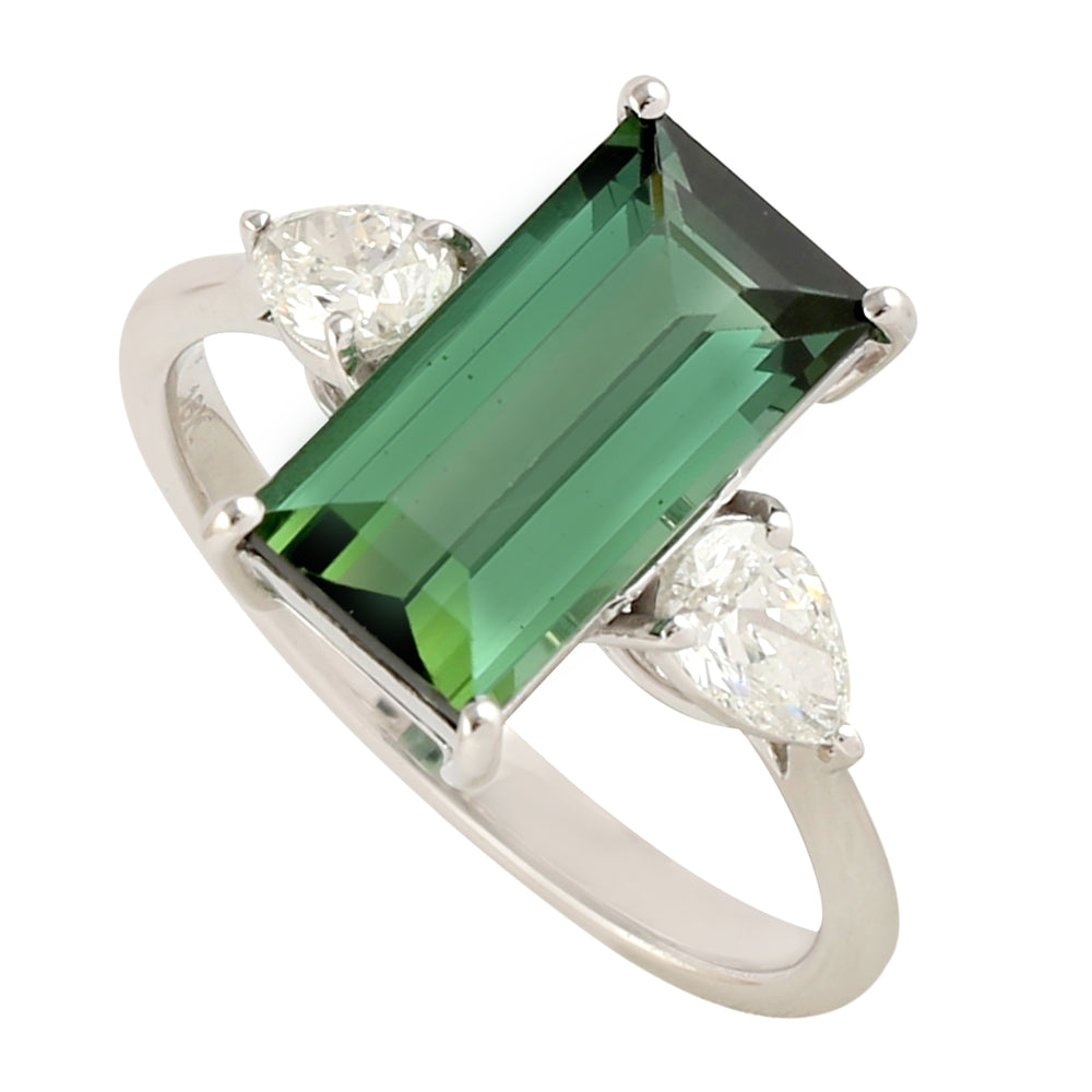 Baguette Tourmaline Diamond Dainty Ring In 18k White Gold