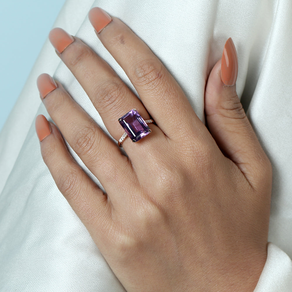 Emerald Cut Amethyst & Pave Diamond Solitaire Ring in 18K Rose Gold – Gift for Her
