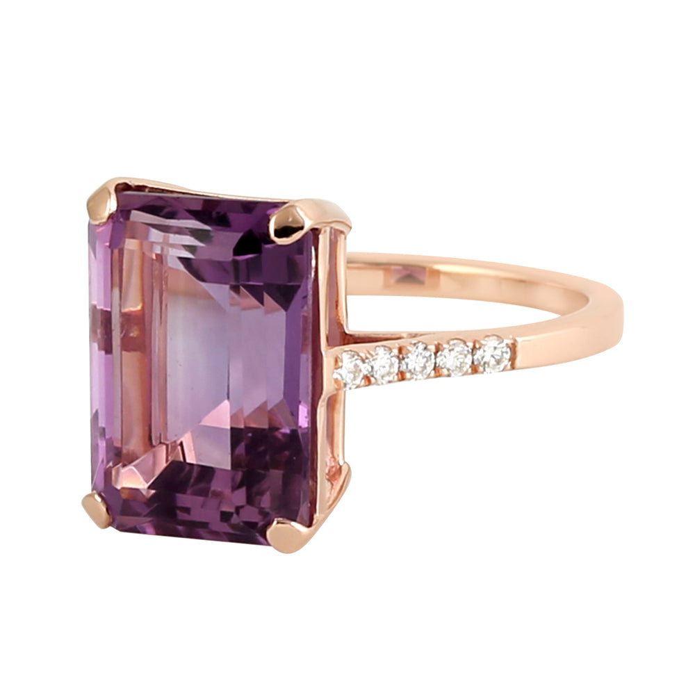 Emerald Cut Amethyst & Pave Diamond Solitaire Ring in 18K Rose Gold – Gift for Her