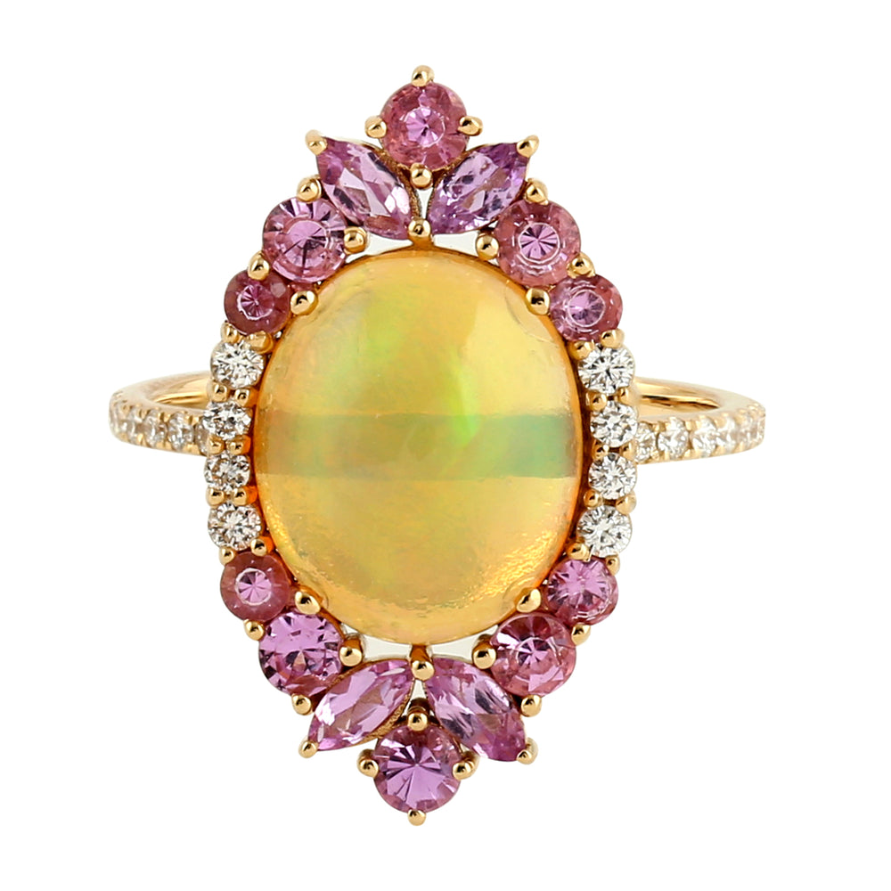 Opal Ethiopian Pink Sapphire Diamond Beautiful Cocktail Ring In 18k Yellow Gold