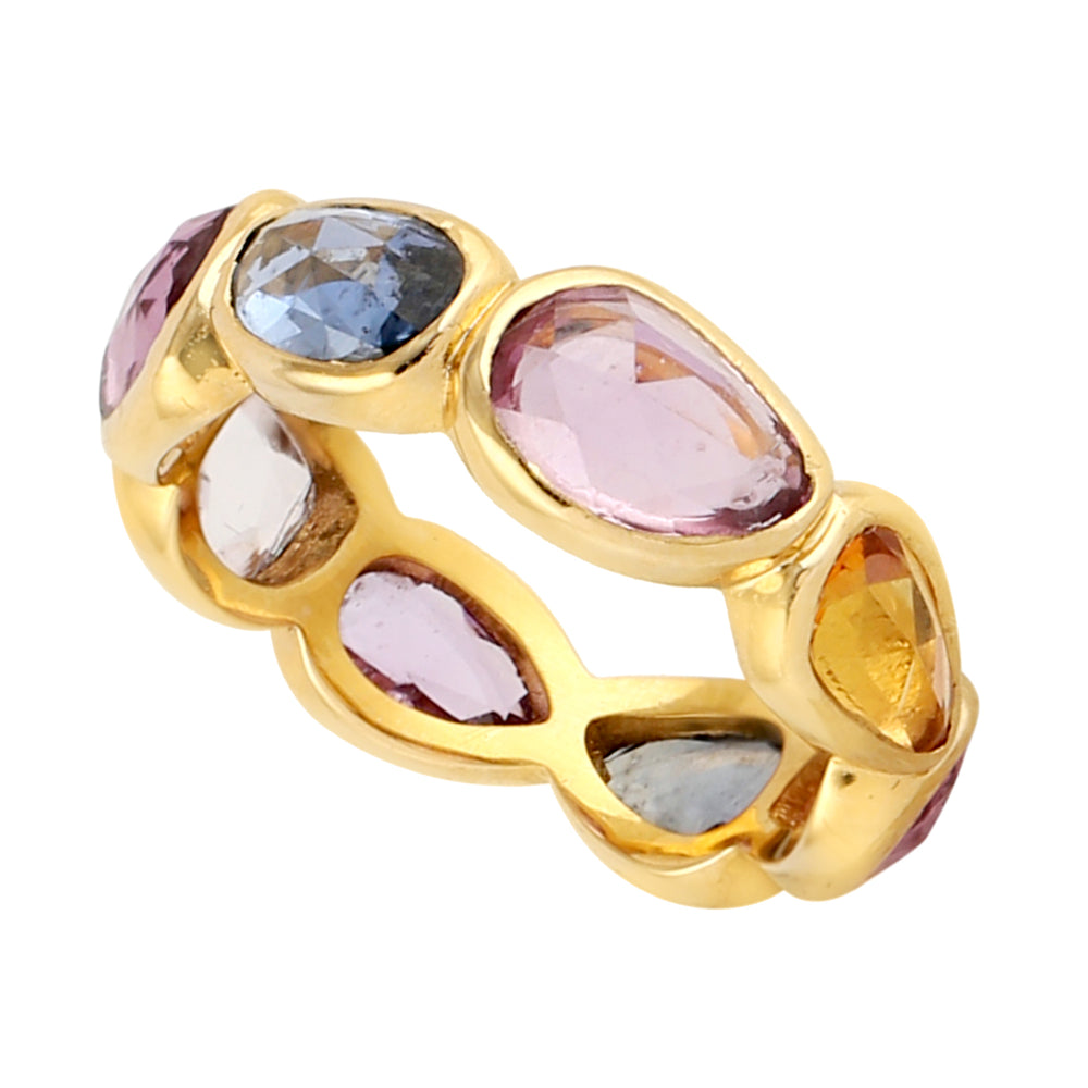 Oval Multicolor Sapphire Bezel Set Band Ring in 18k Yellow Gold Jewelry