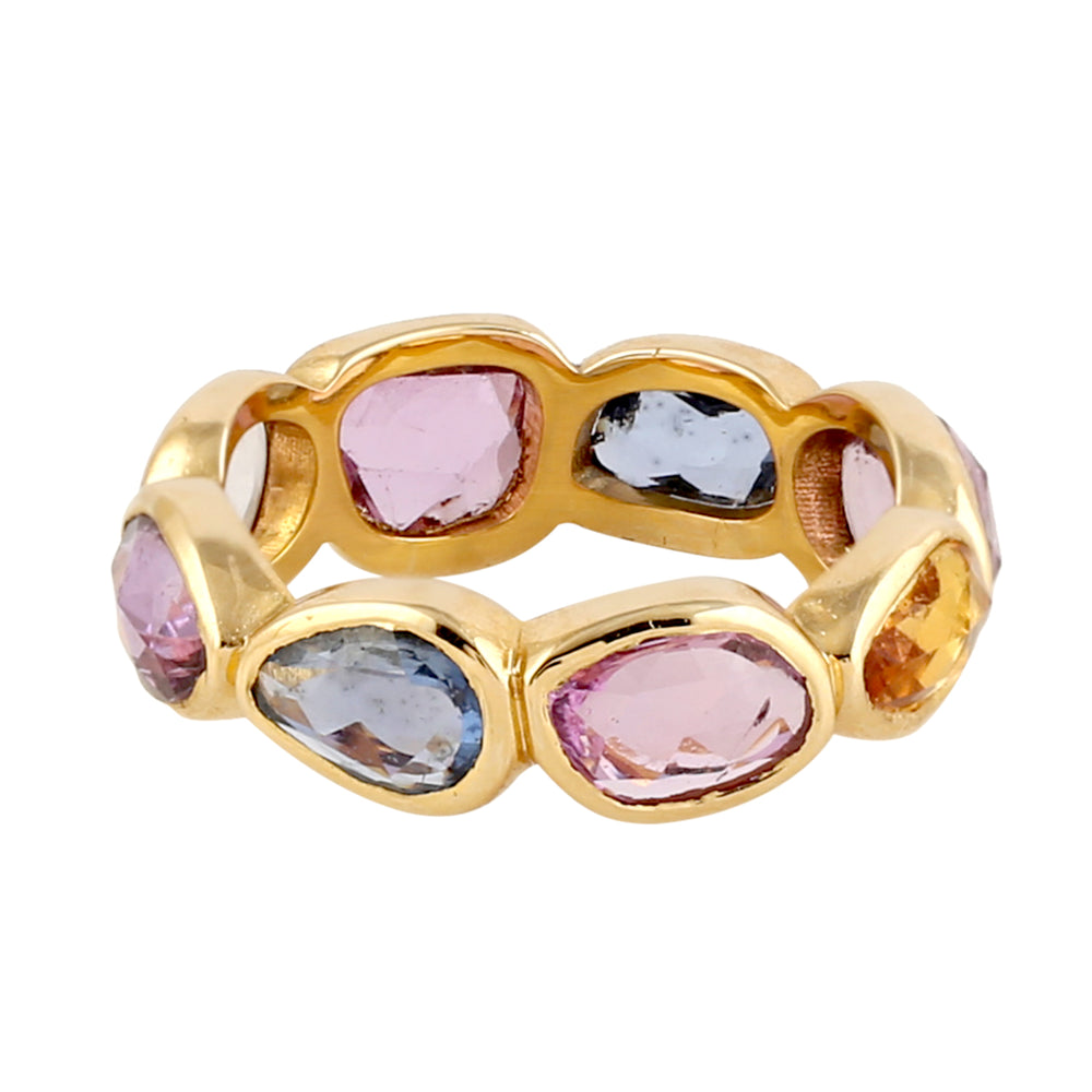 Oval Multicolor Sapphire Bezel Set Band Ring in 18k Yellow Gold Jewelry