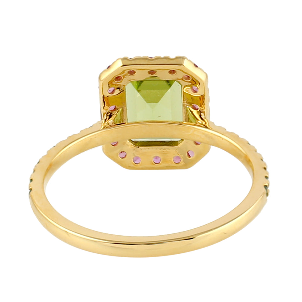 Baguette Cut Peridot Pink Sapphire Pave Tsavorite Gemstone Solitaire Ring In Gold