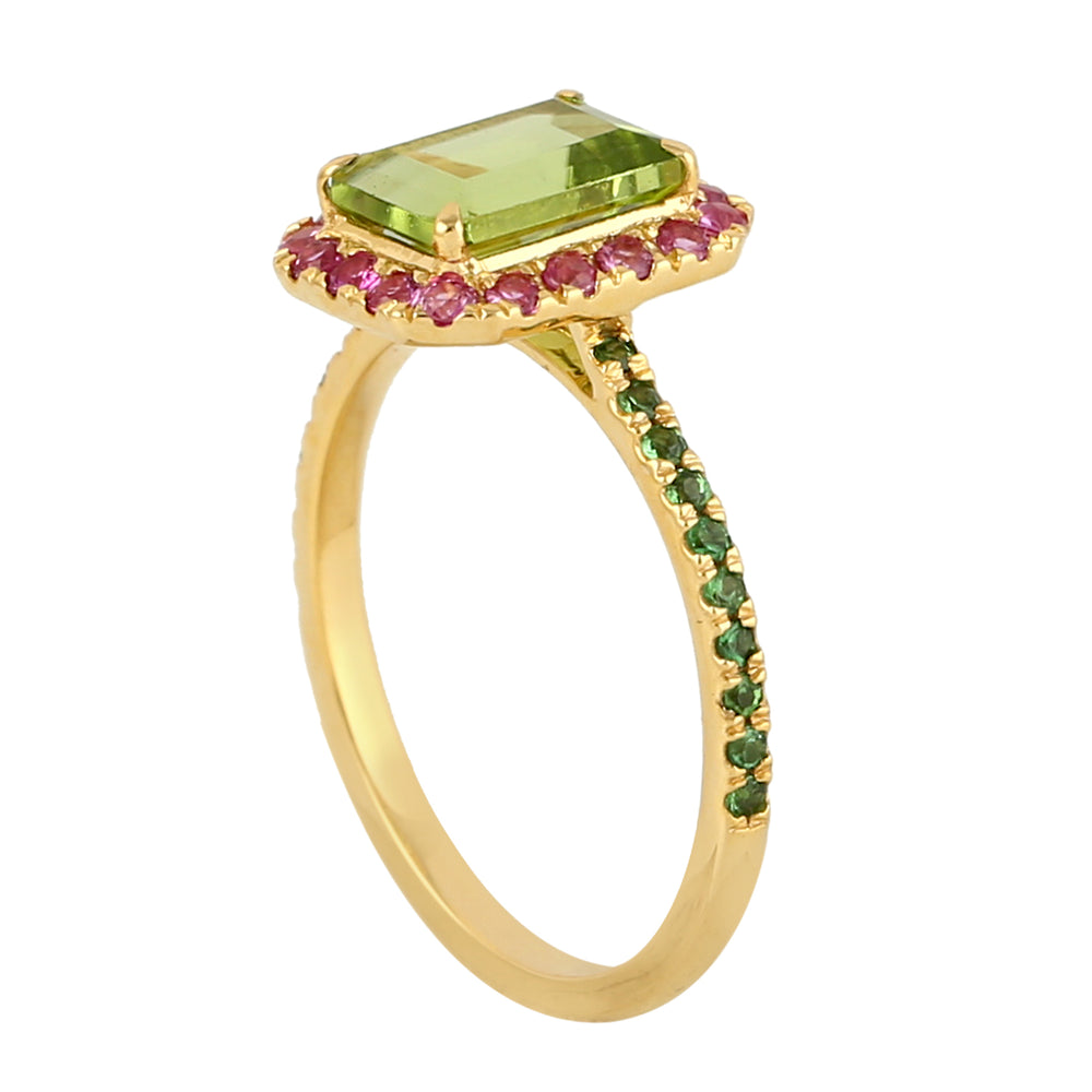 Baguette Cut Peridot Pink Sapphire Pave Tsavorite Gemstone Solitaire Ring In Gold