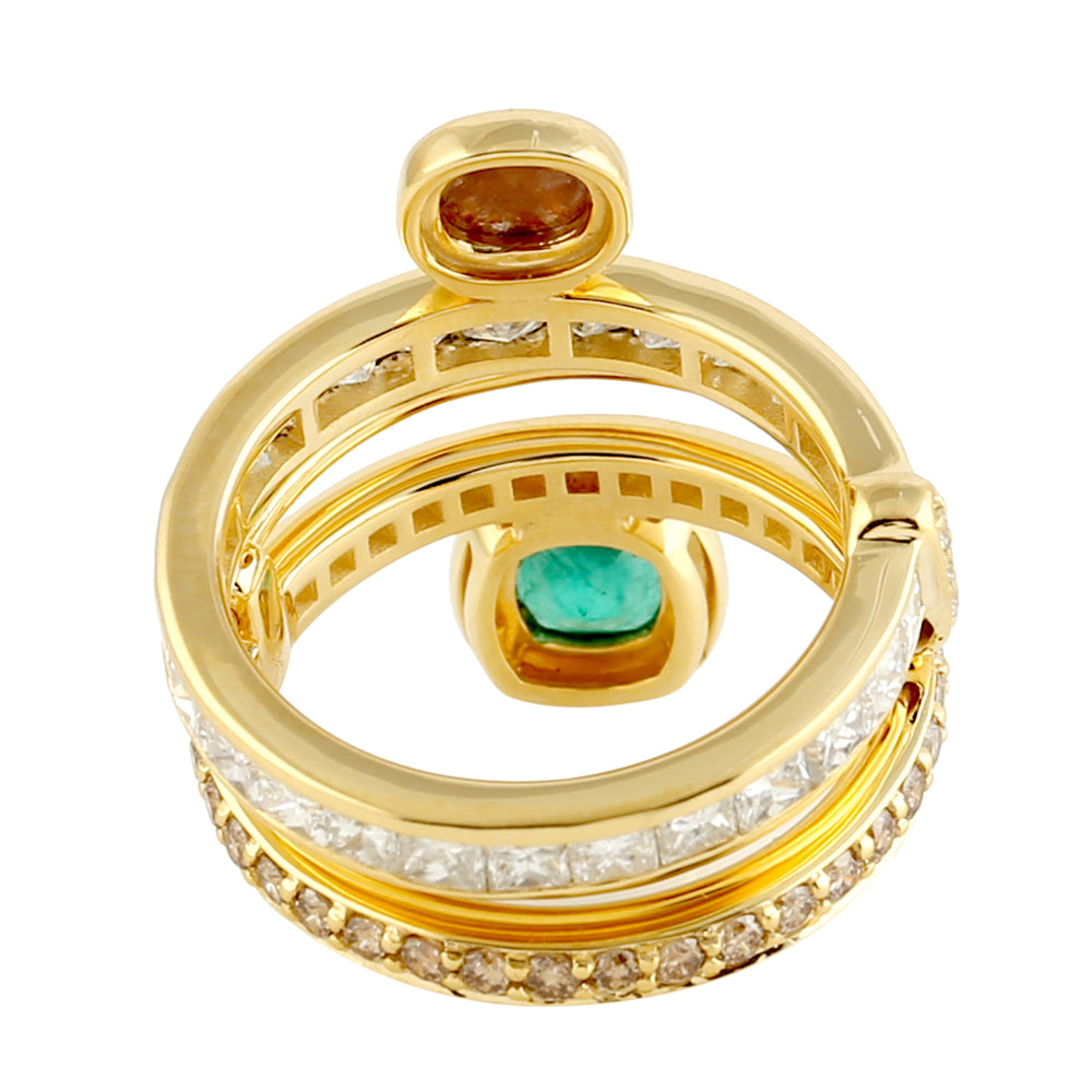 Cushion Emerald & Ice Diamond Beautiful Spiral Ring In 14k Yellow Gold For Gift