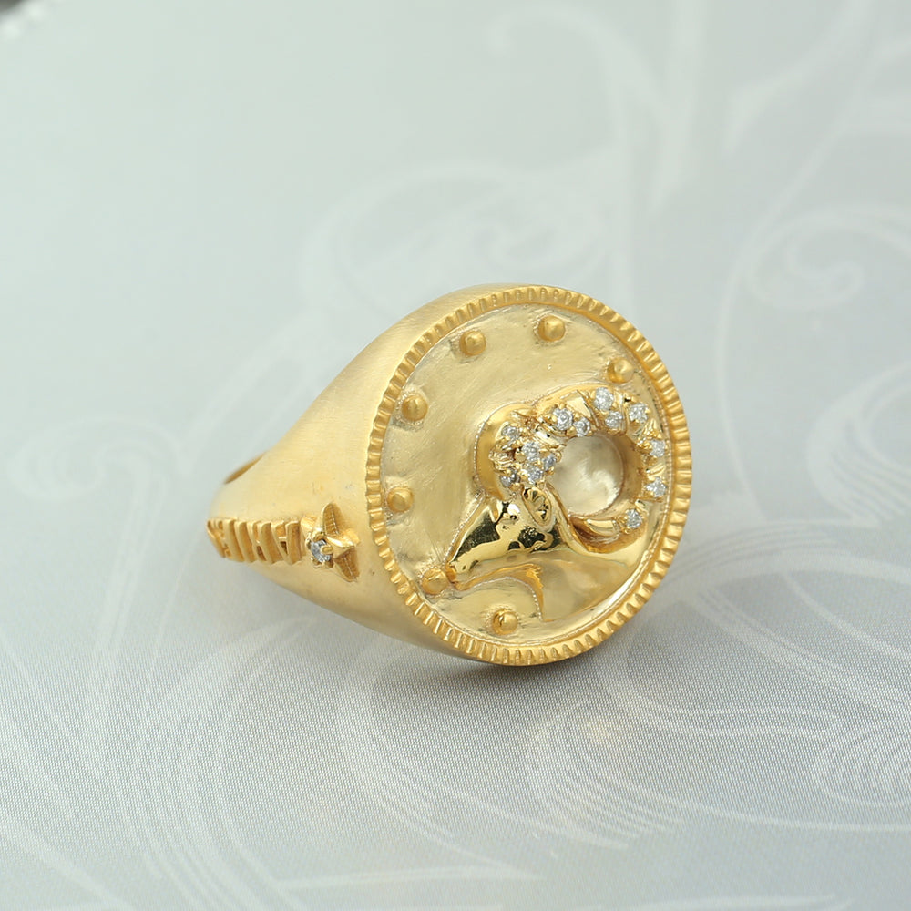 Natural Diamond March April Birth Month Aries Zodiac Signet Ring In 14k Yellow Gold For Gift