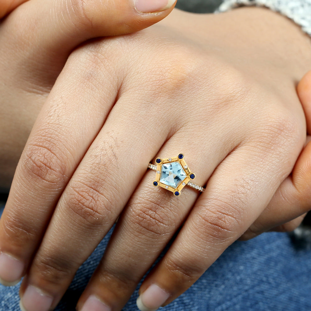 Natural Topaz Sapphire Pave Diamond Pantagon Beautiful Trending Ring in 18k Yellow Gold