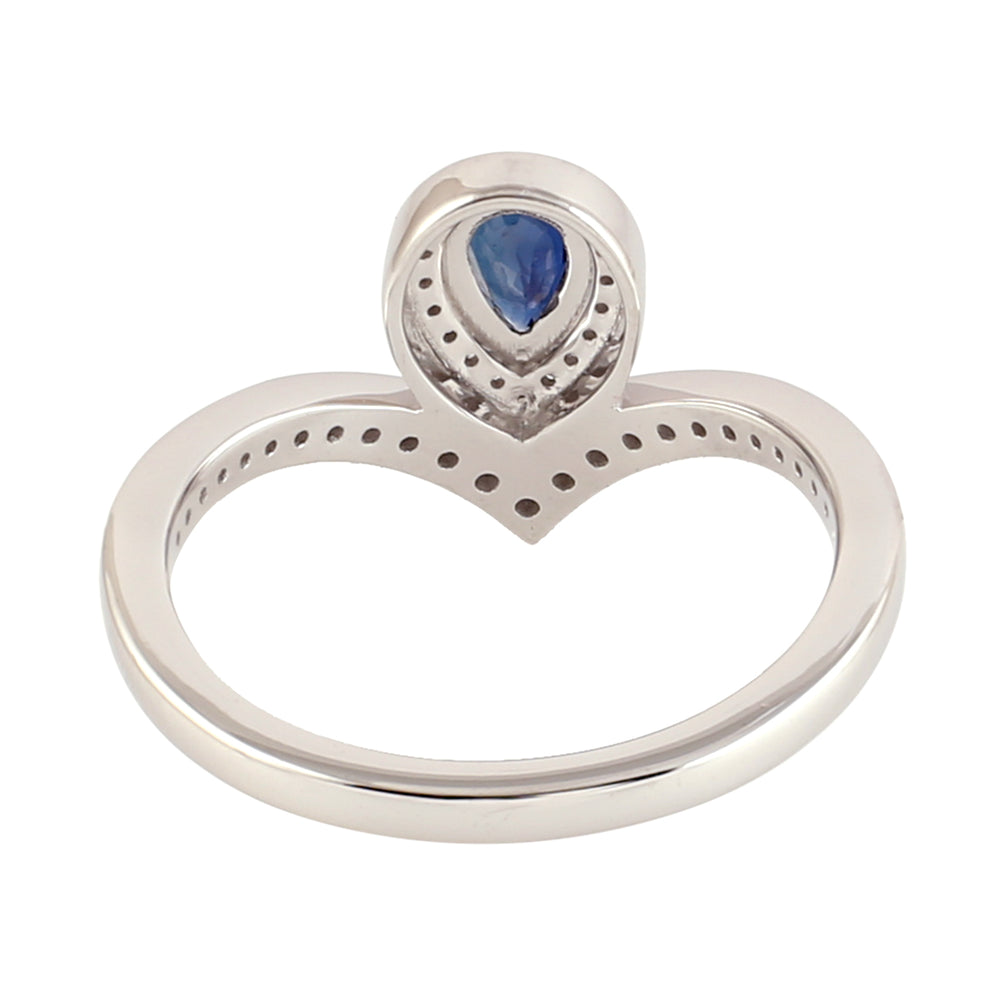 Pear Cut Blue Sapphire & Diamond Handmade Elegant Ring In 18k White Gold