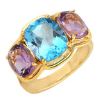 Natural Amethyst & Topaz Three Stone Ring In 18k Yellow Gold