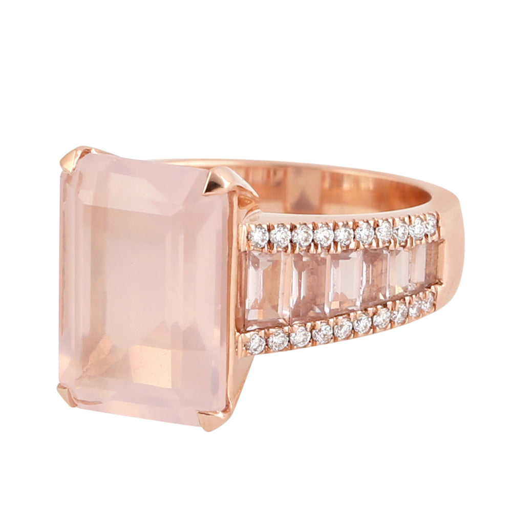 Emerald Cut Quartz Diamond Beautiful Cocktail Ring 18k Rose Gold